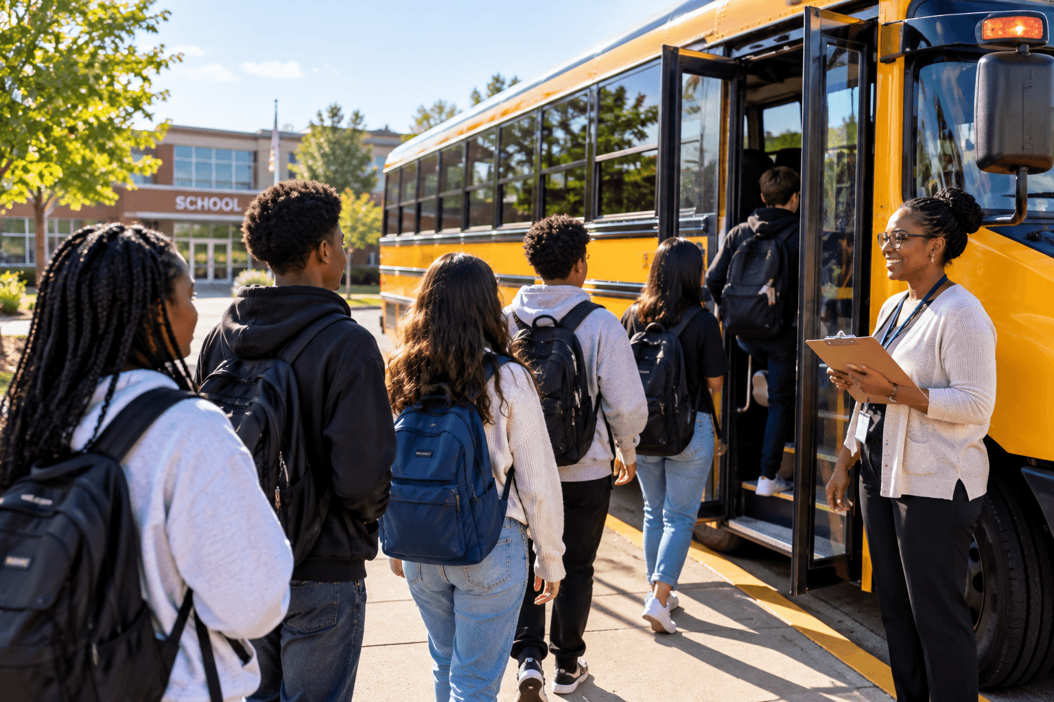 Students boarding a coach bus for a school field trip while a teacher checks them on.