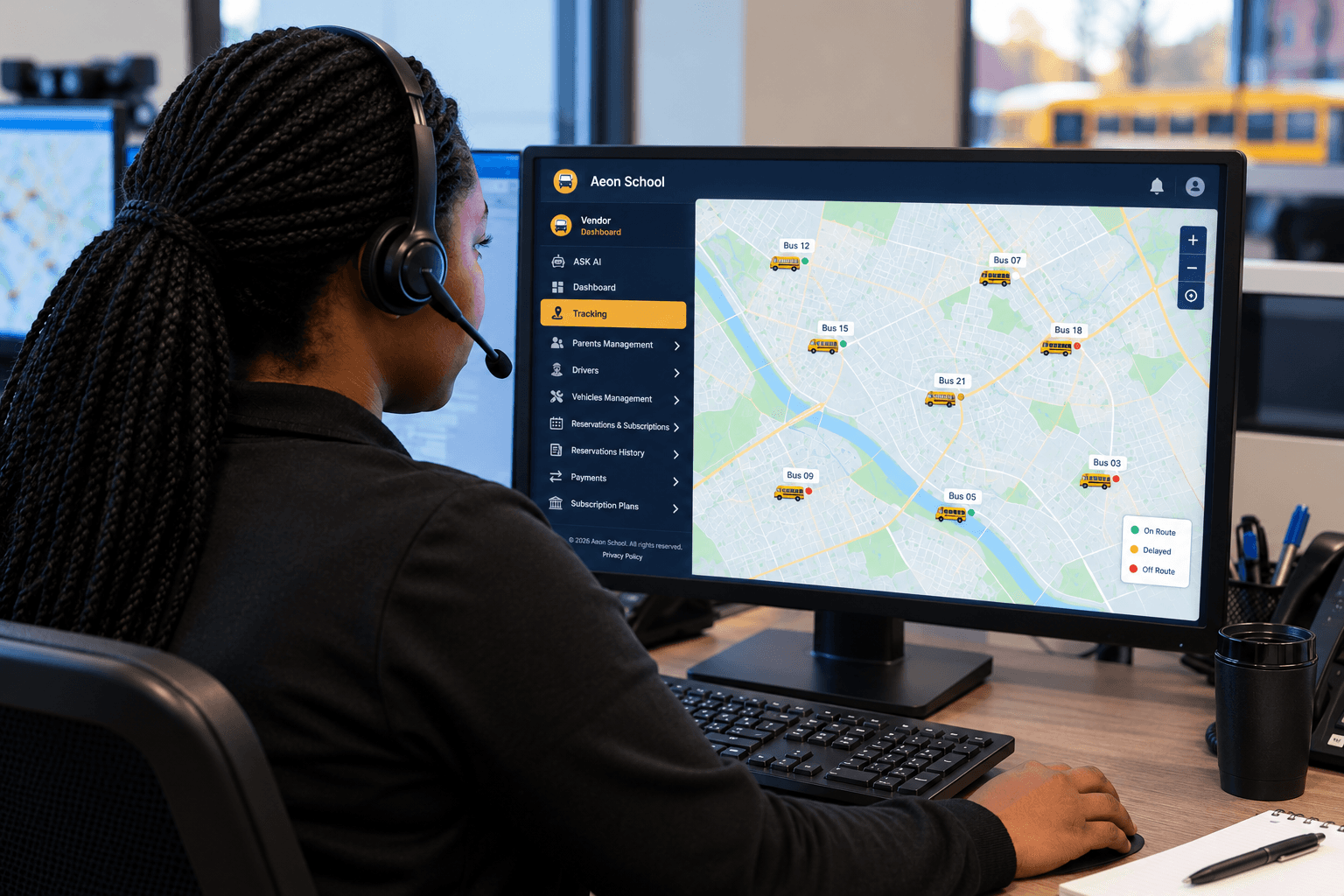 Dispatcher monitoring buses on a live map.