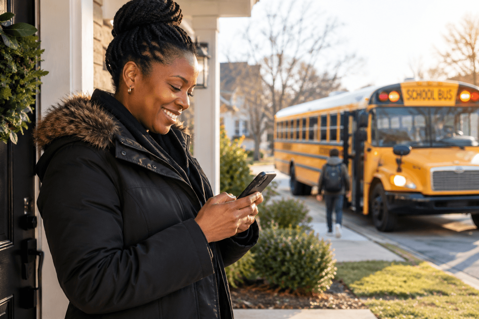 Parent checking a phone at the front door as the school bus arrives.