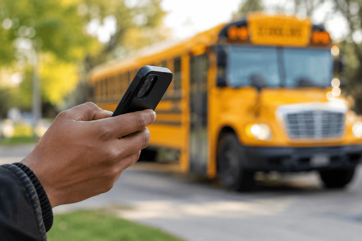 Parent holding a phone near a school bus.